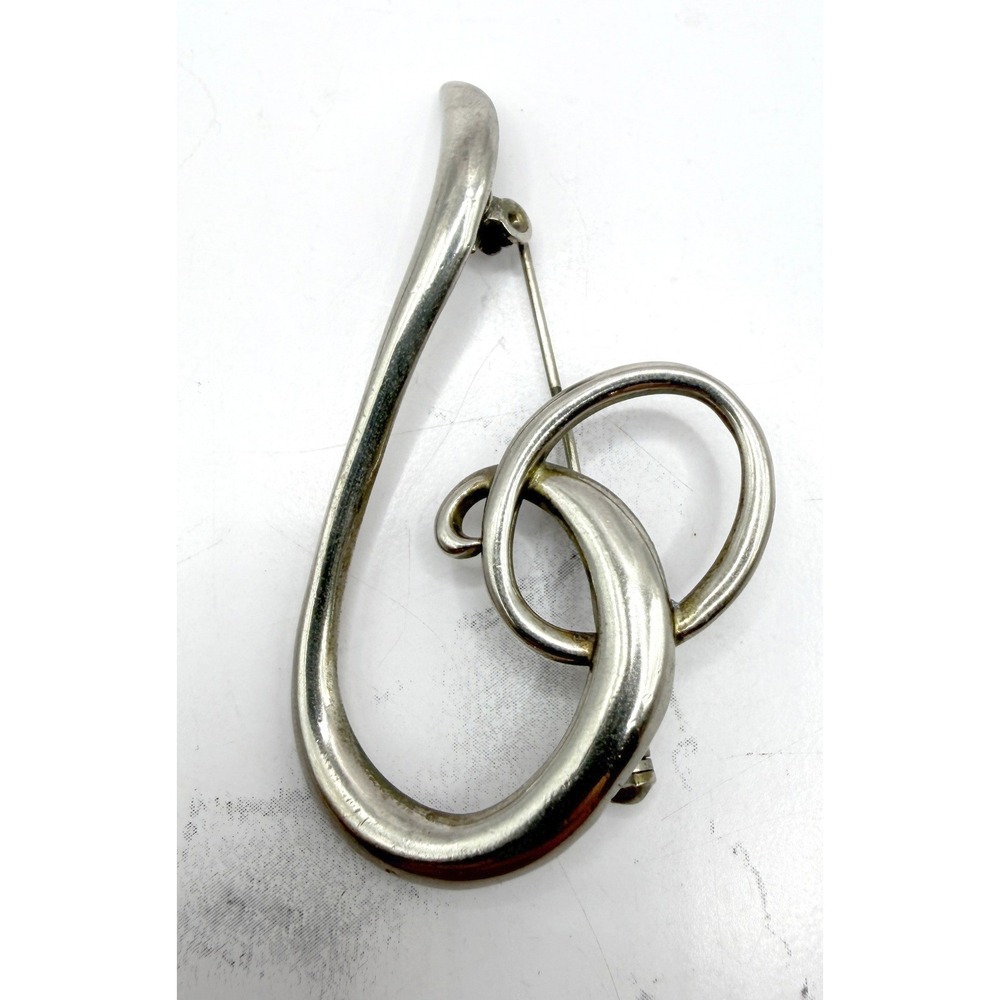 Abstract Silver Tone Swirl Brooch Modern Loop Pin‎ 2.5" Minimalist